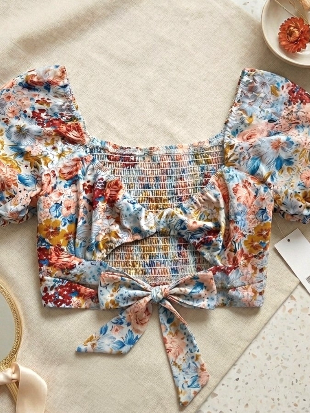 Vibrant Floral Smocked Back Crop Top: Adjustable Front Tie Bows Detail Puff Slee - Picture 1 of 3